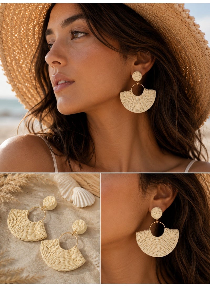 Women's Woven Semi-Circle Drop Earrings Ivory Color – Boho Statement Earrings - Image 2