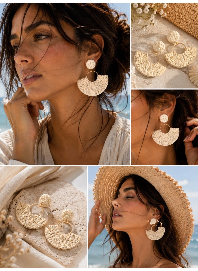 Women's Woven Semi-Circle Drop Earrings Ivory Color – Boho Statement Earrings - Image 3