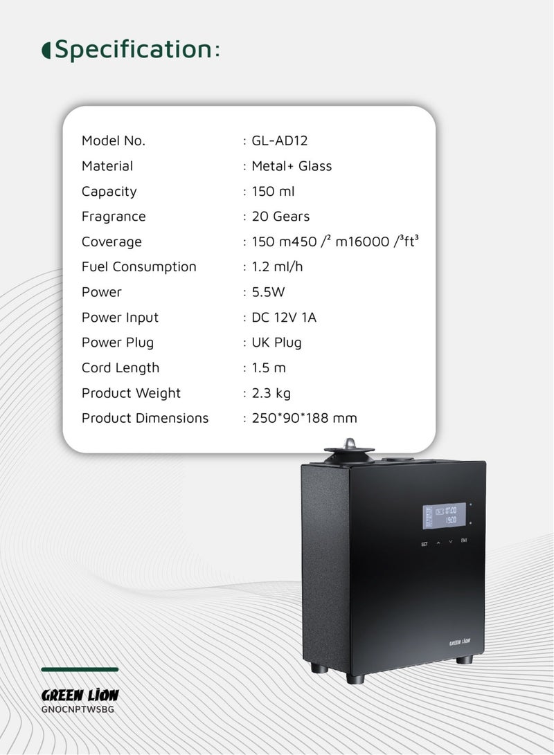 جرين ليون موزع الروائح العطرية Smart Scent Pro سعة 150 مل مع 5 إعدادات مؤقتة و20 ترسًا Frangrance UK 5.5 وات / مثبت على الحائط / شاشة LED / قفل أمان / العلاج بالروائح / اتصال HVAC / تشغيل هادئ / التحكم الذكي بالتطبيق - أسود - Image 2
