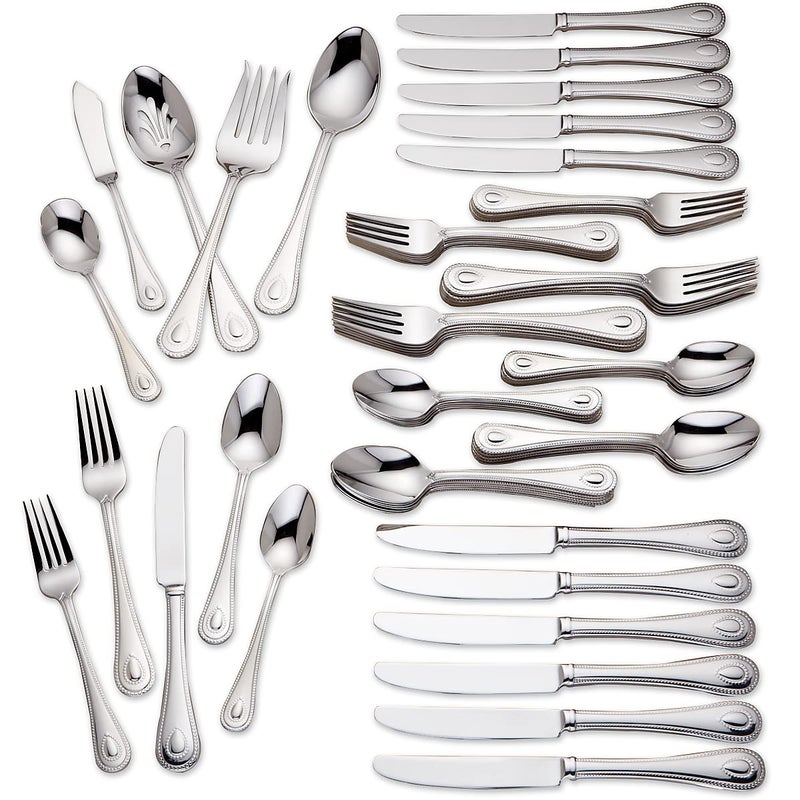 Lenox Silverware Set For 12, French Perle 65-Piece Flatware Set with Serving Utensils, Service For 12, Elegant 18/10 Stainless Steel Utensils with Beading, Knives Spoons & Forks (Silver, 65 Piece) - Image 3