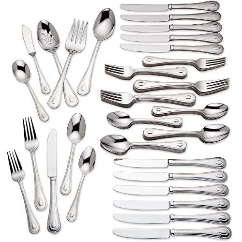 Lenox Silverware Set For 12, French Perle 65-Piece Flatware Set with Serving Utensils, Service For 12, Elegant 18/10 Stainless Steel Utensils with Beading, Knives Spoons & Forks (Silver, 65 Piece) - Image 1