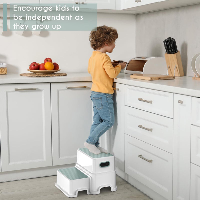 Victostar 2 Step Stool For Kids Anti-Slip Sturdy Toddler Two Step Stool For Toilet Potty Training Bathroom Kitchen (Green-White) - Image 4
