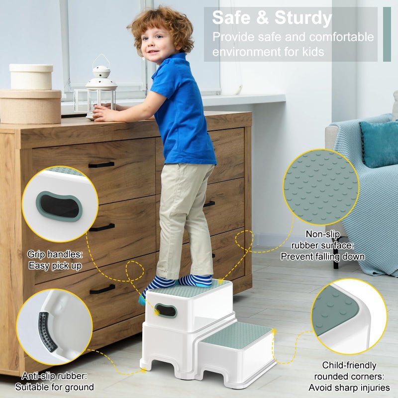 Victostar 2 Step Stool For Kids Anti-Slip Sturdy Toddler Two Step Stool For Toilet Potty Training Bathroom Kitchen (Green-White) - Image 3