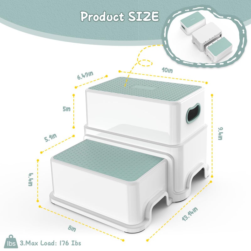 Victostar 2 Step Stool For Kids Anti-Slip Sturdy Toddler Two Step Stool For Toilet Potty Training Bathroom Kitchen (Green-White) - Image 2