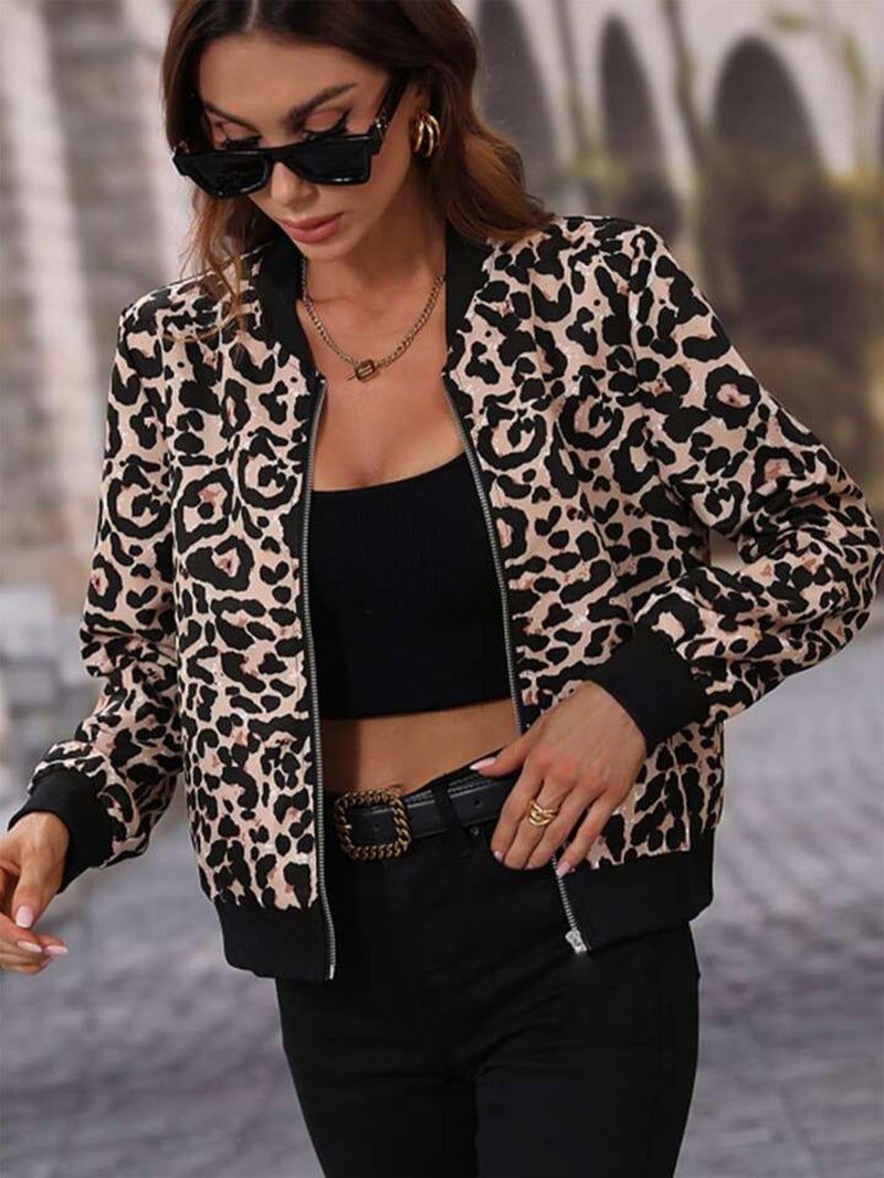 Zeagoo Women's Bomber Jacket Casual Coat Zip Up Spring Fall Clothes with Pockets S-XXL Leopard Print - Image 2
