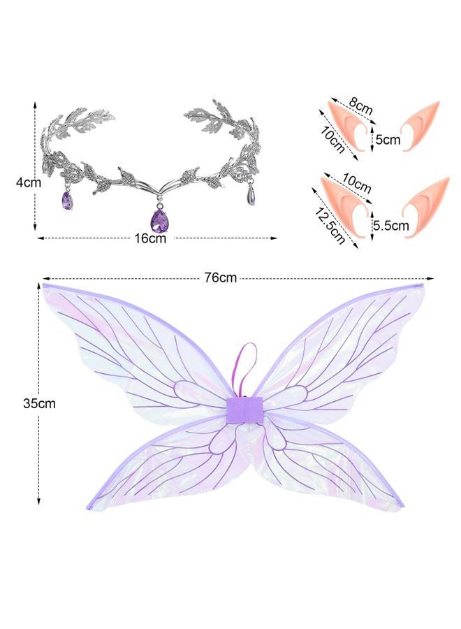 Foaincore 6 Pcs Women Fairy Costumes Set Off Shoulder Short Dress Floral Corset Rhinestone Tiara Elf Ears Wings, Purple, M - Image 4