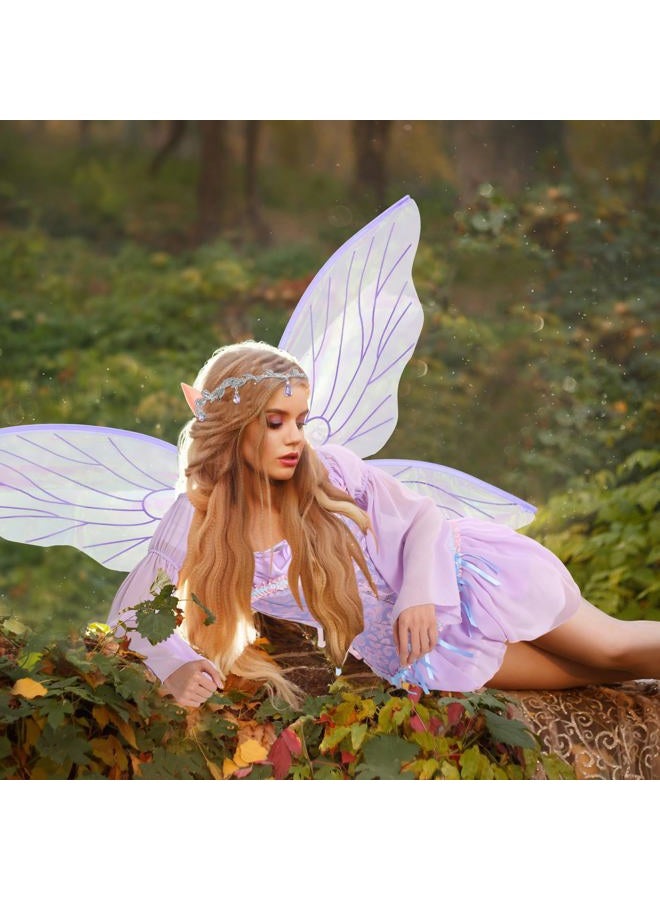 Foaincore 6 Pcs Women Fairy Costumes Set Off Shoulder Short Dress Floral Corset Rhinestone Tiara Elf Ears Wings, Purple, M - Image 5