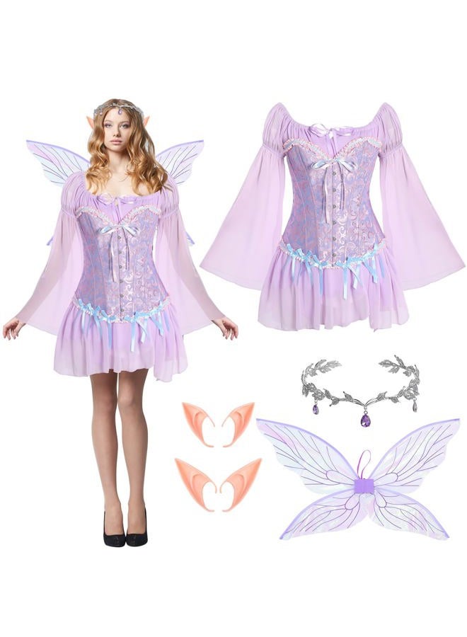 Foaincore 6 Pcs Women Fairy Costumes Set Off Shoulder Short Dress Floral Corset Rhinestone Tiara Elf Ears Wings, Purple, M - Image 1