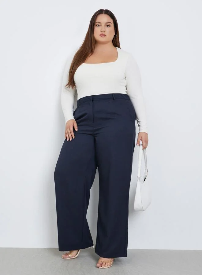 Styli Styli Plus Size Navy Wide Leg Trousers