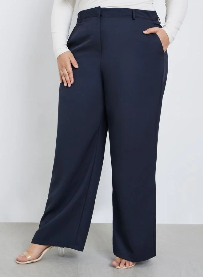 Styli Styli Plus Size Navy Wide Leg Trousers