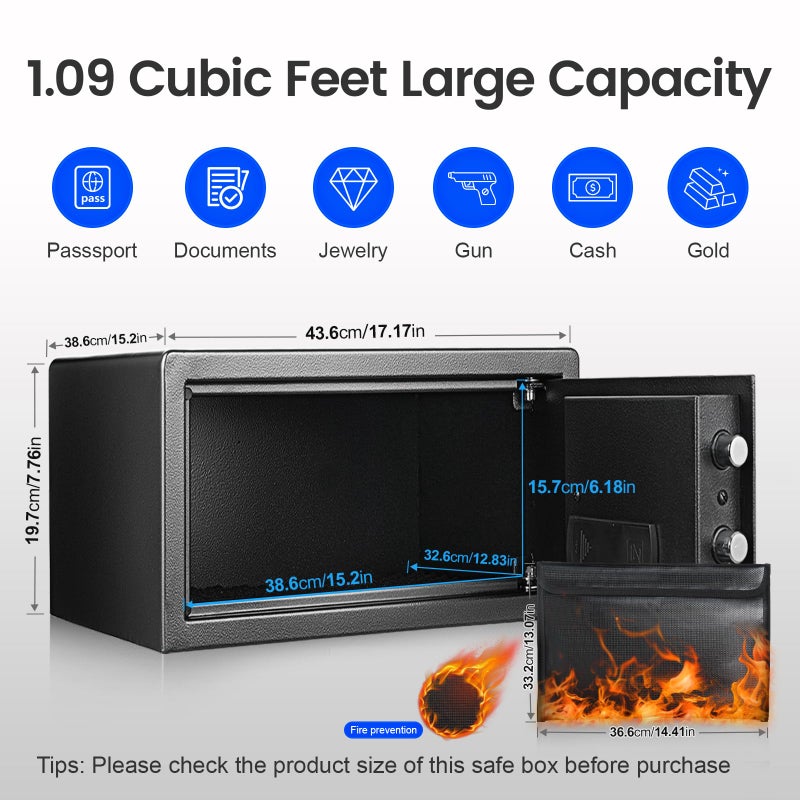 XDeer Biometric Home Safe Box-(0.78-2.04 cu. ft.) Quick Access Fingerprint Safe Lock, Backlit Keypad and LED Light, Small Caja Fuerte with Anti-Rust and Anti-Theft/1PCS(1.09 Cubic Feet+ Fireproof Bag) - Image 4