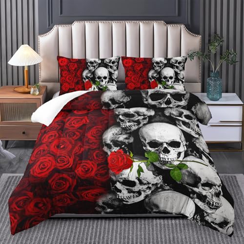 Tuzaovy Gothic King Size Bedding Set with Skull & Rose Comforter, Black & Red Quilt - Image 1