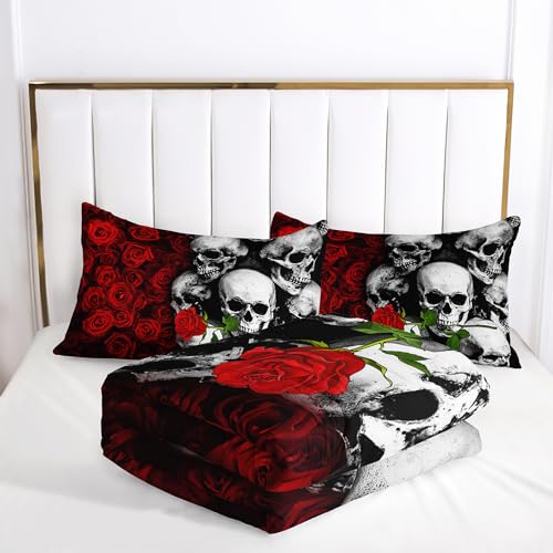 Tuzaovy Gothic King Size Bedding Set with Skull & Rose Comforter, Black & Red Quilt - Image 3
