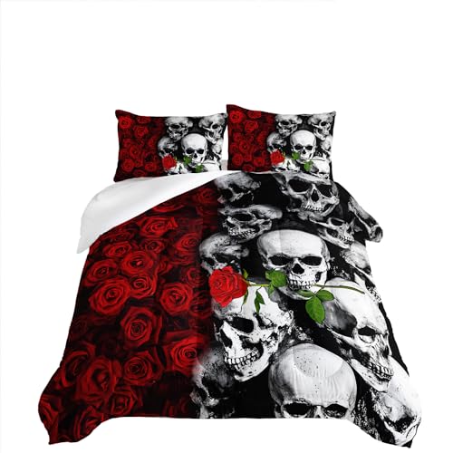 Tuzaovy Gothic King Size Bedding Set with Skull & Rose Comforter, Black & Red Quilt - Image 4