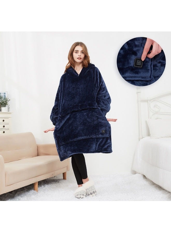 Blanket gift for women and men's teenagers, super warm and comfortable long blanket, navy blue thick flannel blanket with large pockets, three levels of temperature control - Image 2