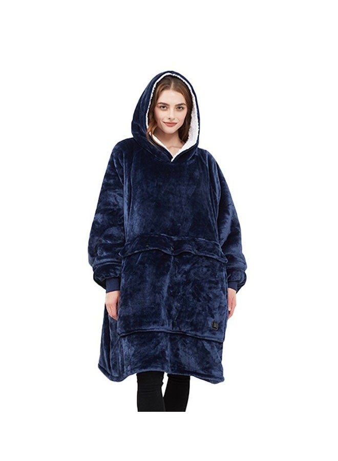 Blanket gift for women and men's teenagers, super warm and comfortable long blanket, navy blue thick flannel blanket with large pockets, three levels of temperature control - Image 1