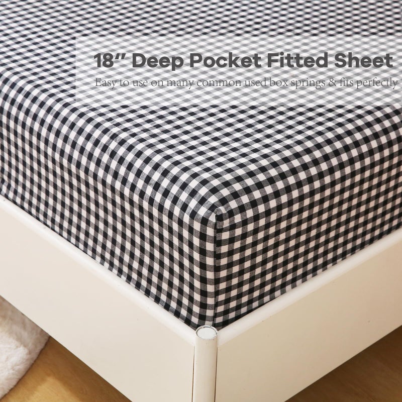 K MASANIJI Black White Plaid Ruffle Sheets Queen Size 4-Piece Set, 300TC 100% Yarn Dyed Cotton Sheets Deep Pocket Farmhouse Gingham Decorative Bedding (Black/White Plaid, Queen) - Image 5