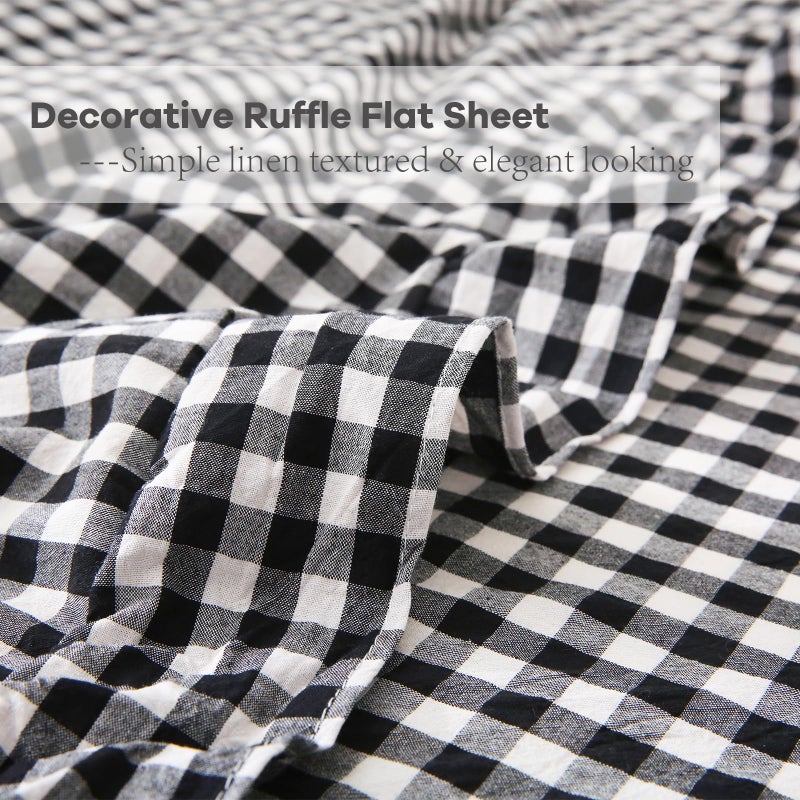 K MASANIJI Black White Plaid Ruffle Sheets Queen Size 4-Piece Set, 300TC 100% Yarn Dyed Cotton Sheets Deep Pocket Farmhouse Gingham Decorative Bedding (Black/White Plaid, Queen) - Image 3