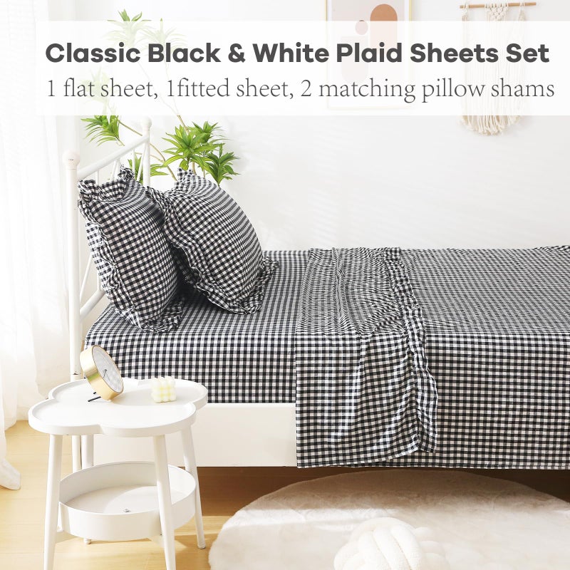K MASANIJI Black White Plaid Ruffle Sheets Queen Size 4-Piece Set, 300TC 100% Yarn Dyed Cotton Sheets Deep Pocket Farmhouse Gingham Decorative Bedding (Black/White Plaid, Queen) - Image 2