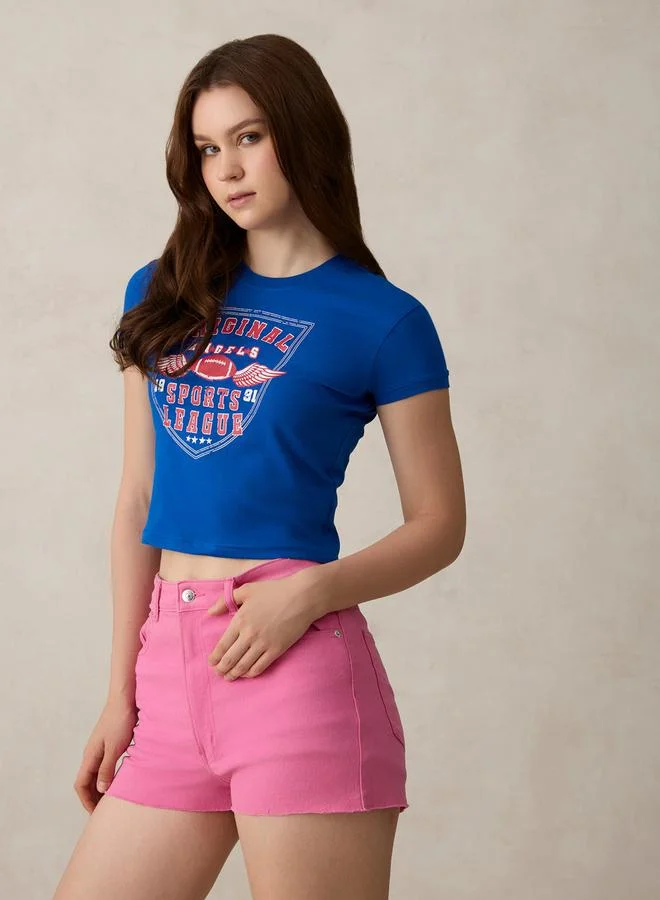 OUTZIDR Blue Graphic Crop T-Shirt - 100% Cotton