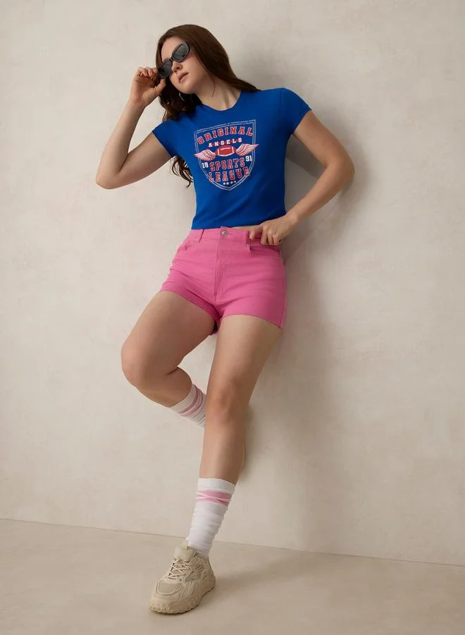 OUTZIDR Blue Graphic Crop T-Shirt - 100% Cotton