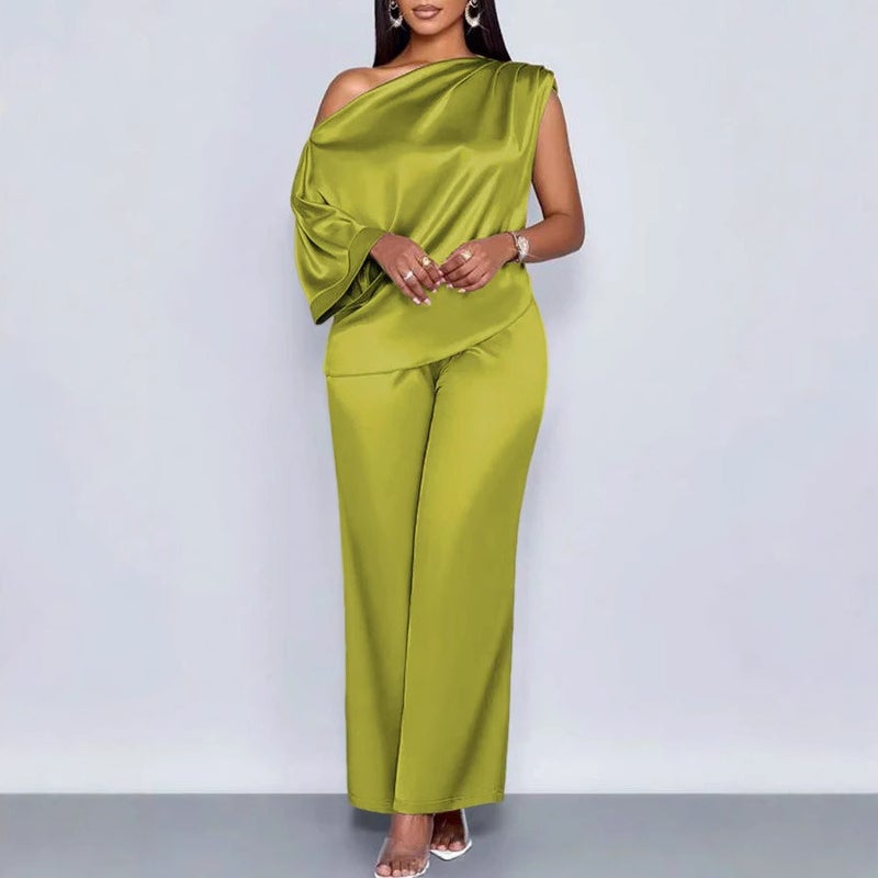 25 Independent Site Summer Casual Women's Satin Set with Slash Neck Short Sleeve Top and Long Pants - Image 4