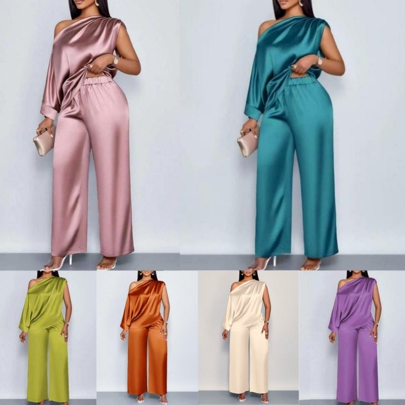 25 Independent Site Summer Casual Women's Satin Set with Slash Neck Short Sleeve Top and Long Pants - Image 2