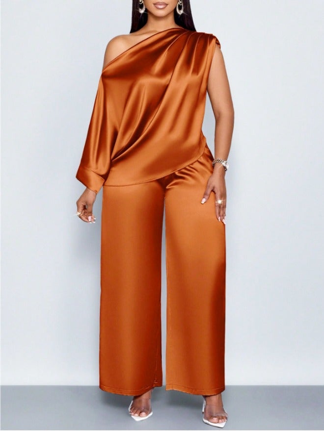 25 Independent Site Summer Casual Women's Satin Set with Slash Neck Short Sleeve Top and Long Pants - Image 1
