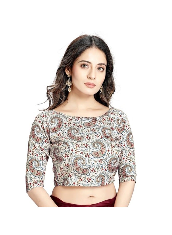 مملكة الإكسسوارات ساري نسائي سادة من حرير الساتان الماروني الناعم مع بلوزة مصممة غير مخيطة مطبوعة رقميًا من الحرير الفني - Image 5