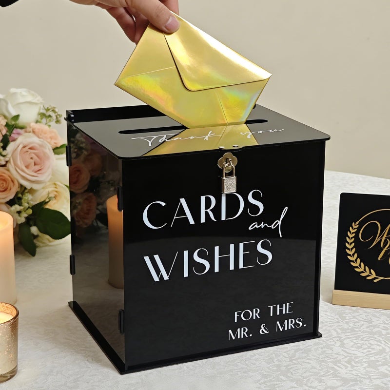 SOFARKKT Black Acrylic Card Box with Slot & Lock, Gothic Wedding Card Boxes for Reception, Stylish Money Envelop Gift Cards Box for Party Wedding Engagement Bridal Shower Anniversary Table Decor - Image 3