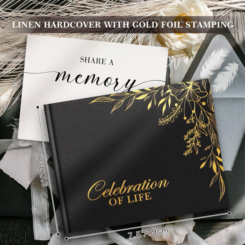 Lanpn Funeral Guest Book for Memorial Service, Linen Cover Celebration of Life Registry Guest Book, Funeral Favors Sign in Books for Guests Memory Book for Funeral with Memory Table Sign, Black - Image 2