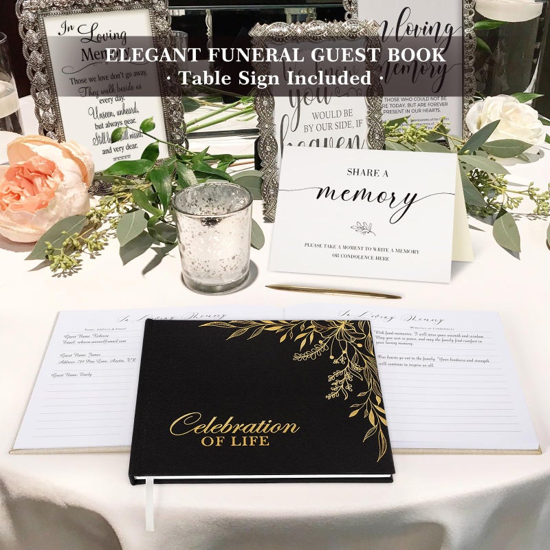 Lanpn Funeral Guest Book for Memorial Service, Linen Cover Celebration of Life Registry Guest Book, Funeral Favors Sign in Books for Guests Memory Book for Funeral with Memory Table Sign, Black - Image 5