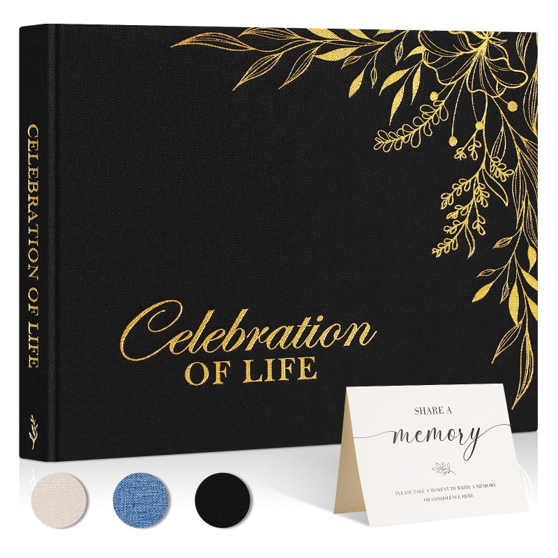 Lanpn Funeral Guest Book for Memorial Service, Linen Cover Celebration of Life Registry Guest Book, Funeral Favors Sign in Books for Guests Memory Book for Funeral with Memory Table Sign, Black - Image 1