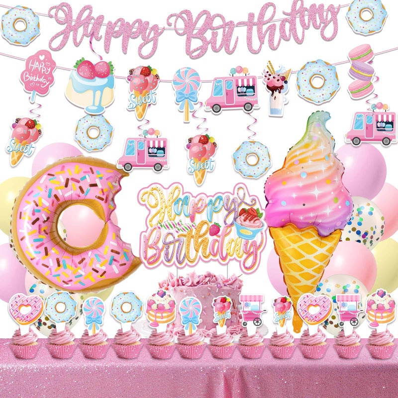 JUYRLE Sweets Birthday Party Decorations for Girls- Pastel Ice Cream Party Supplies, Donut Balloons Happy Birthday Banner Cupcake Topper Candy Theme Birthday for Baby Shower Wedding - Image 1