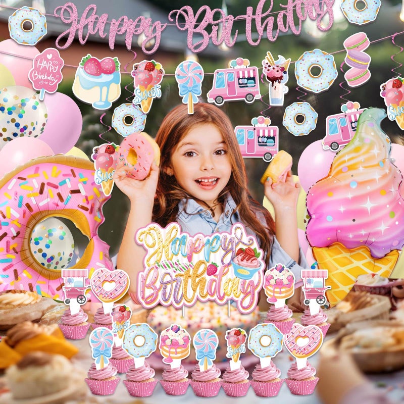 JUYRLE Sweets Birthday Party Decorations for Girls- Pastel Ice Cream Party Supplies, Donut Balloons Happy Birthday Banner Cupcake Topper Candy Theme Birthday for Baby Shower Wedding - Image 5