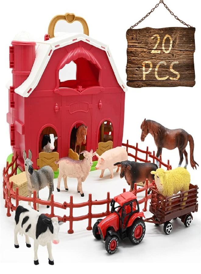 Kimicare Farm Animals Red Barn Toys, 20PCS Farm Toys Farm Figurines and Fence Farm Playset, Farm Figures Farmer Vehicle Toy Truck Pretend Play Set for 3-10 Years Old Kids Boys Girls Toddlers - Image 1