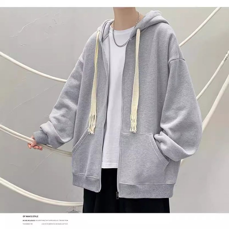 سترة كاردigan كبيرة بحبل مزدوج وقبعة جديدة بسحاب للرجال والنساء سترة بغطاء رأس جاكيت عالي الشارع - Image 3