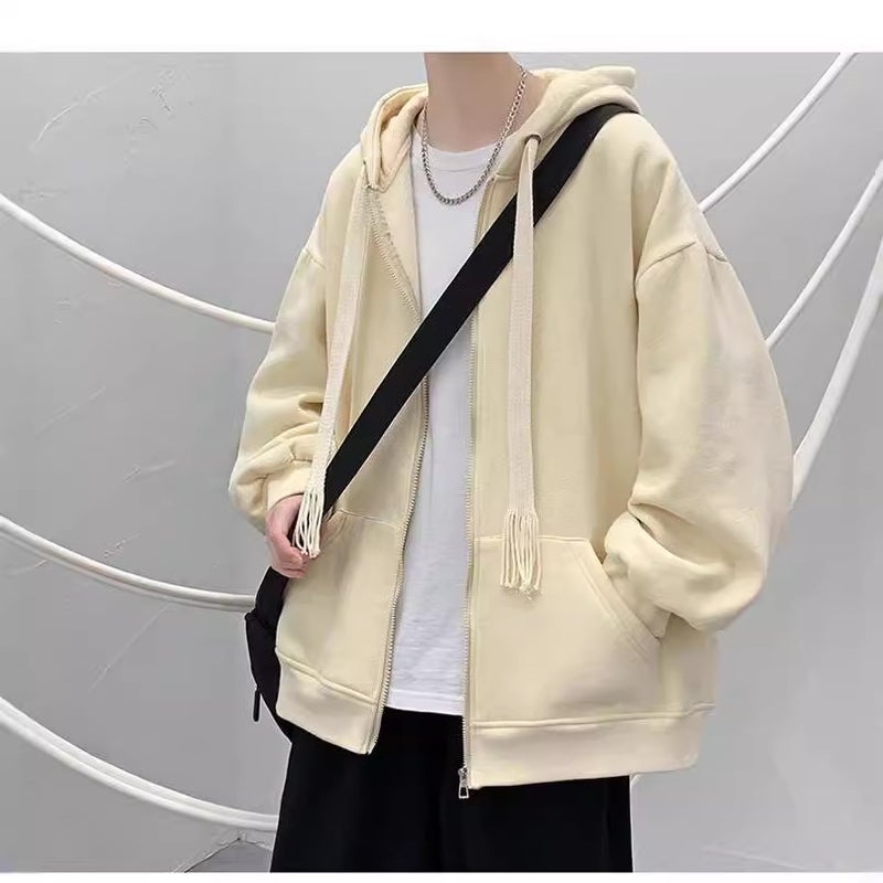 سترة كاردigan كبيرة بحبل مزدوج وقبعة جديدة بسحاب للرجال والنساء سترة بغطاء رأس جاكيت عالي الشارع - Image 5