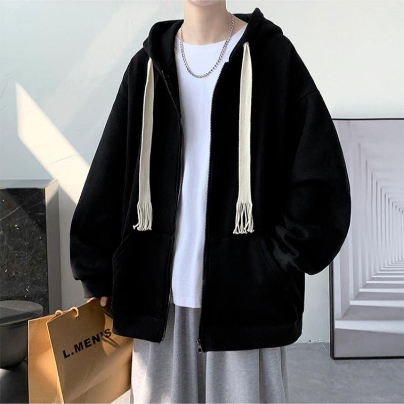 سترة كاردigan كبيرة بحبل مزدوج وقبعة جديدة بسحاب للرجال والنساء سترة بغطاء رأس جاكيت عالي الشارع - Image 4