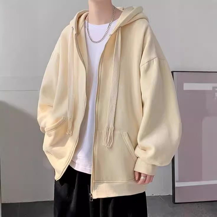 سترة كاردigan كبيرة بحبل مزدوج وقبعة جديدة بسحاب للرجال والنساء سترة بغطاء رأس جاكيت عالي الشارع - Image 2