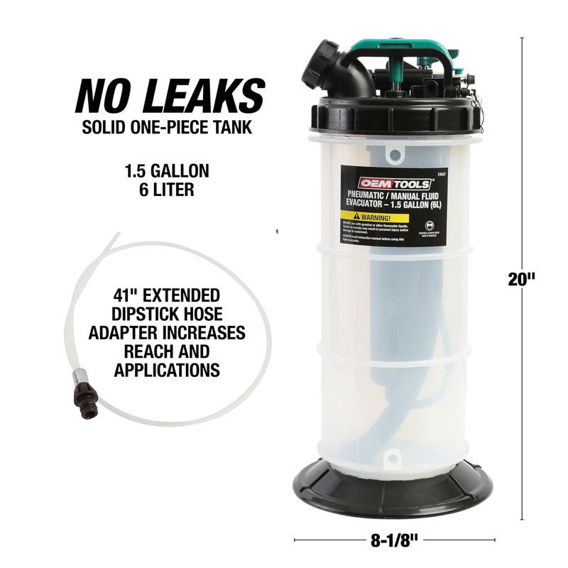OEMTOOLS 24937 Pneumatic/Manual Fluid Extractor, 1.5 Gallon (6L) Oil Extractor Pump, For Coolant, Transmission, and Power Steering Fluid, 2 Dipstick Adapters, 5ft Hose - Image 5