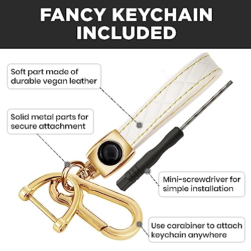 Lucrum Compatible with Hyundai Key Fob Cover & Leather Keychain, Keyfob Case for Santa Fe, Sonata, Tucson, Grandeur, Ioniq 5, Palisade, Nexo - For 5 Button Remote (2019-2025) - White and Gold - Image 4