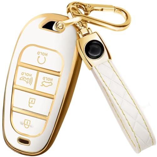 Lucrum Compatible with Hyundai Key Fob Cover & Leather Keychain, Keyfob Case for Santa Fe, Sonata, Tucson, Grandeur, Ioniq 5, Palisade, Nexo - For 5 Button Remote (2019-2025) - White and Gold - Image 1