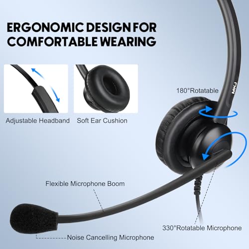 MKJ Telephone Headset for Cisco Phones, Wired Headphones with Microphone Noise Cancelling, Corded RJ9 Office Headset for Cisco CP-7821 7861 7942G 7960G 7975G CP-7841 8811 8841 8851 8861 8865 9951 - Image 4