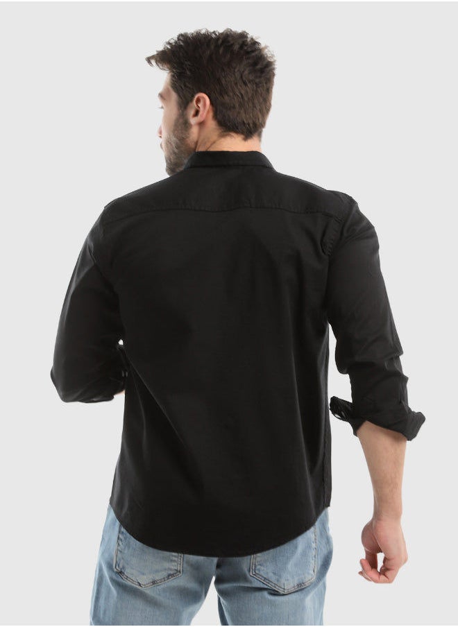 WHITE RABBIT - White Buttons Long Sleeves Plain Black Shirt - Image 1