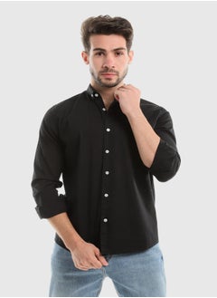 White Buttons Long Sleeves Plain Black Shirt