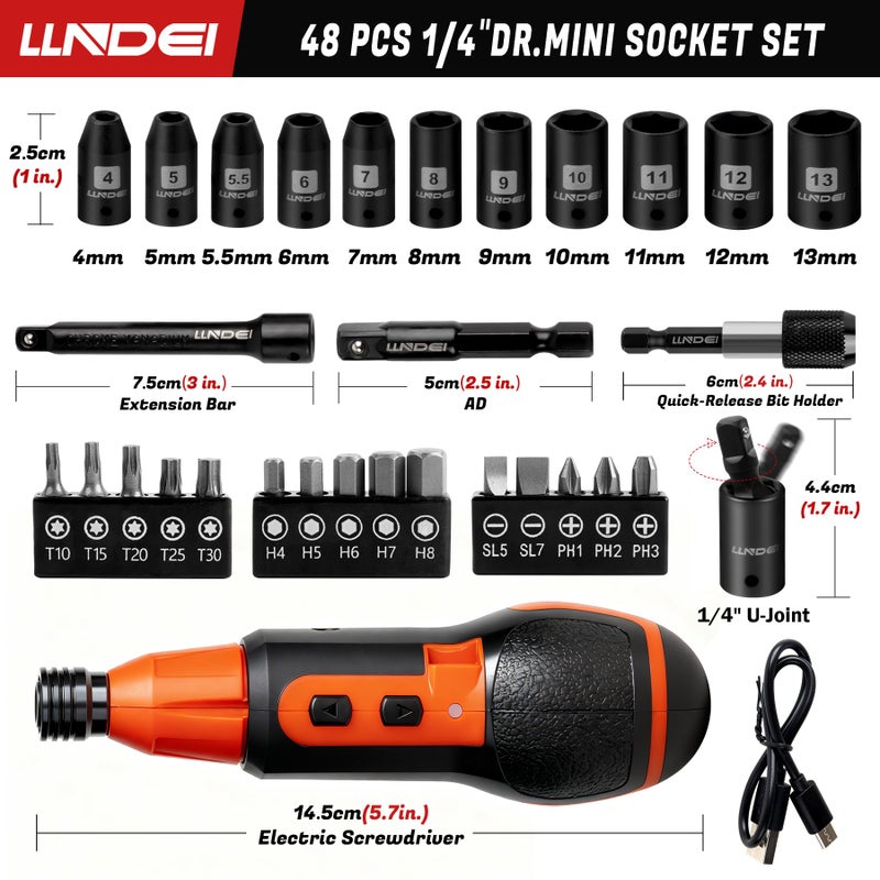 LLNDEI 31Pcs Electric Screwdriver, 4V Cordless Screwdriver Rechargeable with Bits & 1/4" Sockets, Power Screwdriver with Extension Bar, Adapters and Universal Joint. - Image 2