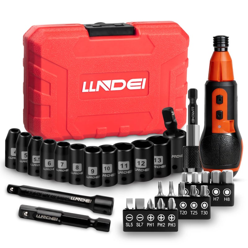 LLNDEI 31Pcs Electric Screwdriver, 4V Cordless Screwdriver Rechargeable with Bits & 1/4" Sockets, Power Screwdriver with Extension Bar, Adapters and Universal Joint. - Image 1