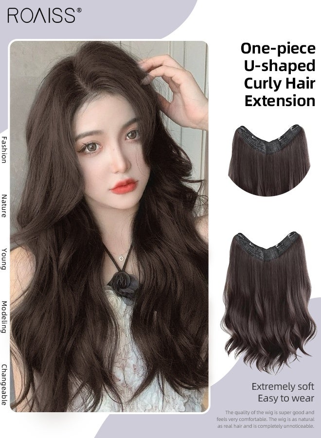 رويس وصلات شعر بني داكن على شكل حرف U، وصلات شعر متموجة من قطعة واحدة مع 4 مشابك، شعر صناعي مقاوم للحرارة للنساء والفتيات، 50 سم (19.7 بوصة) - Image 1