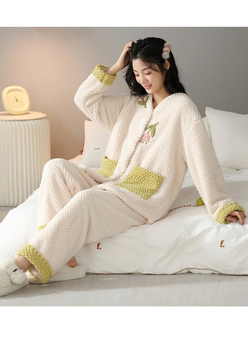 Loquat Women's Flannel Thickened 2-Piece Set Loose Nightgown Sleepwear Long Sleeve V-Neck Top And Pants Soft Loungewear Wear Warm Pajamas Suit Beige/Green  - Image 2